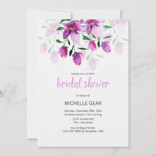 Boho Paarse Roze Bloemen Waterverf Handgeschilderd Kaart (Voorkant)