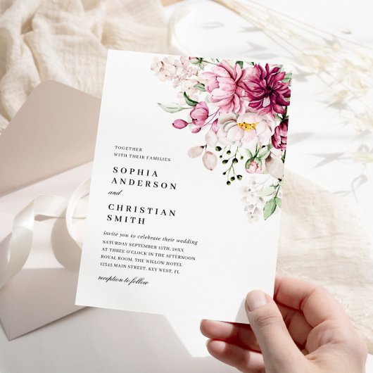 Boho Paarse & Roze Pioenbloemen Huwelijk Kaart