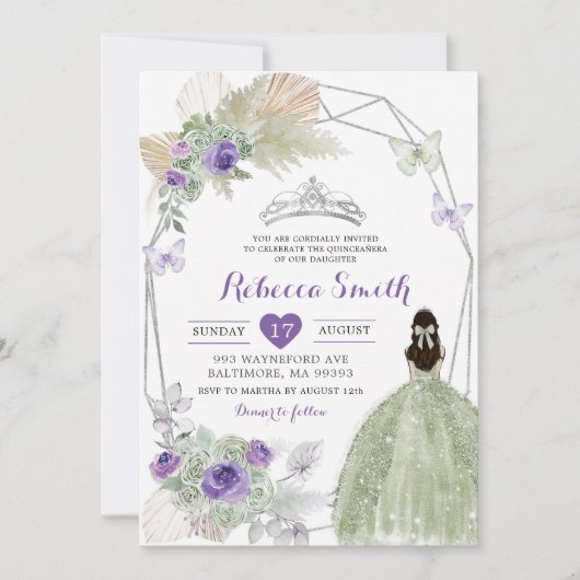 Boho Paarse Sage Groene Geometrische Quinceañera Kaart (Voorkant)