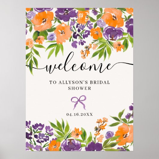 Boho Paarse Sinaasappel Bloemen Bruids Welkom Poster (Voorkant)