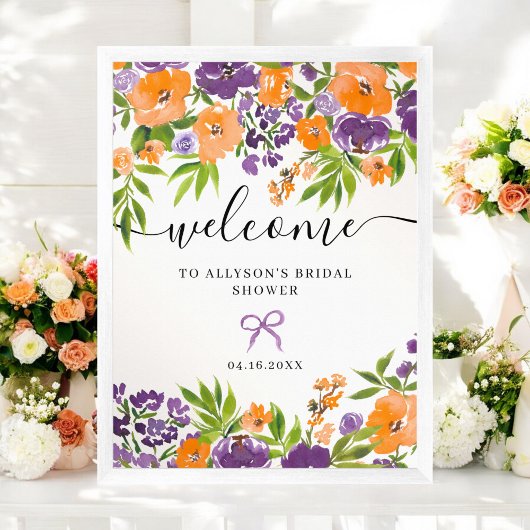 Boho Paarse Sinaasappel Bloemen Bruids Welkom Poster