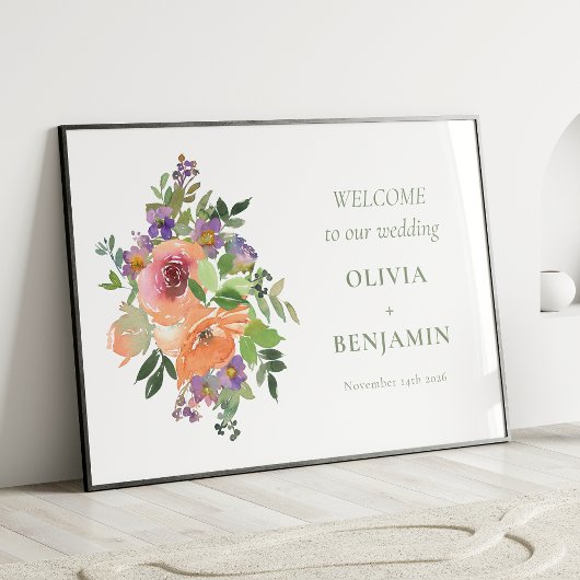 Boho Paarse Sinaasappel Bloemen Bruiloft Welkom Poster
