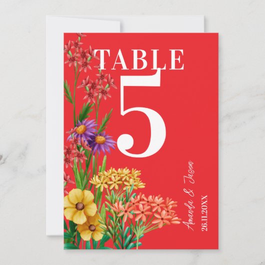 Boho Paarse Sinaasappel Wildflower Trouwtafel Numm Bedankkaart (Voorkant)