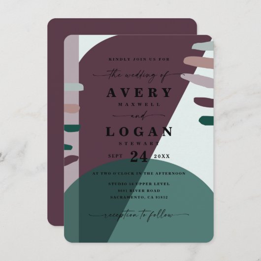 Boho Paarse & Smaragdgroene Abstracte vorm bruilof Kaart (Voorkant / Achterkant)