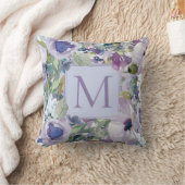 Boho Paarse Stof Blauw Waterverf Bloem Monogram Kussen (Deken)