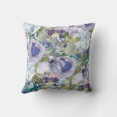 Boho Paarse Stof Blauw Waterverf Bloem Monogram Kussen (Achterkant)