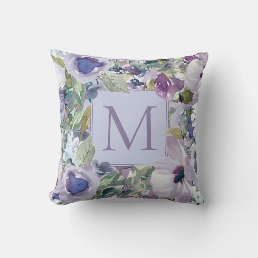 Boho Paarse Stof Blauw Waterverf Bloem Monogram Kussen (Voorkant)