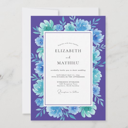 Boho Paarse Turquoise Bloem Bruiloft Kaart (Voorkant)