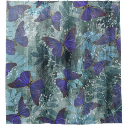 Boho Paarse vlinder & cyaan botanisch origineel Douchegordijn (Voorkant)