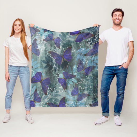 Boho Paarse vlinder & cyaan botanisch origineel Fleece Deken (In situ)