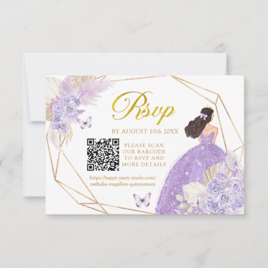 Boho Paarse Vlinder Meisje Quinceañera QR RSVP Kaartje (Voorkant)