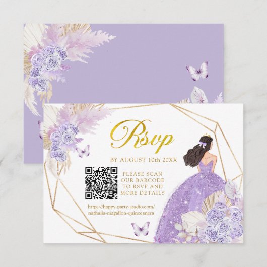 Boho Paarse Vlinder Meisje Quinceañera QR RSVP Kaartje (Voorkant / Achterkant)