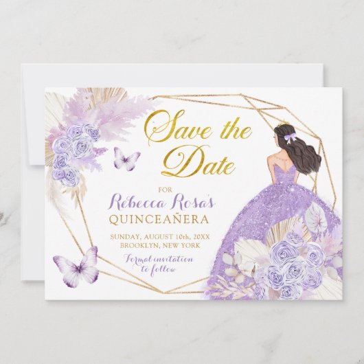 Boho Paarse vlinder quinceañera Save The Date Kaart (Voorkant)