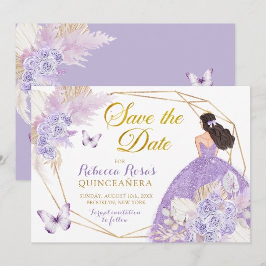 Boho Paarse vlinder quinceañera Save The Date Kaart (Voorkant / Achterkant)