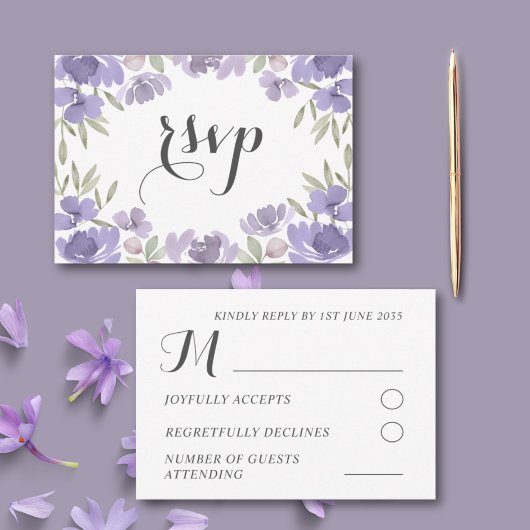 Boho Paarse Waterverf Bloem Bruiloft RSVP Kaartje