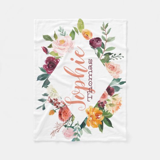 Boho paarse waterverf bloemen gepersonaliseerd fleece deken (Voorkant)