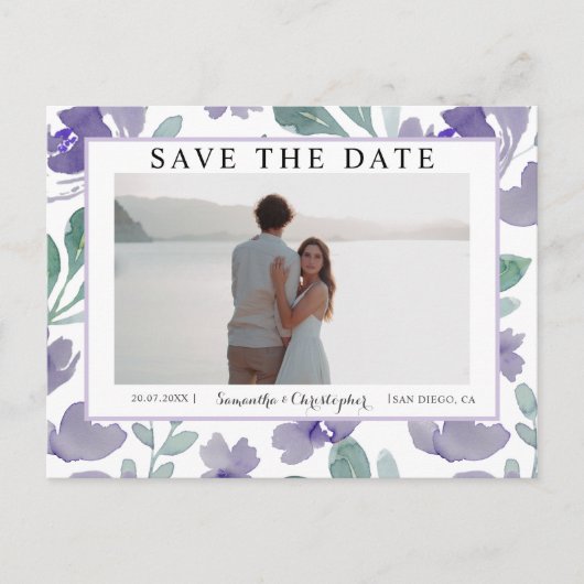 Boho Paarse Waterverf Bloemen Save the Date Briefkaart (Voorkant)