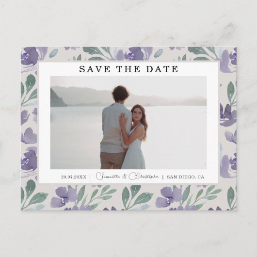 Boho Paarse Waterverf Bloemen Save the Date Briefkaart (Voorkant)