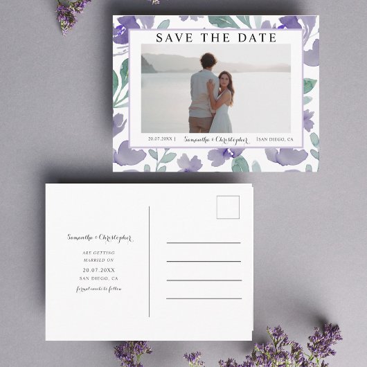 Boho Paarse Waterverf Bloemige Bewaar de Datum Briefkaart