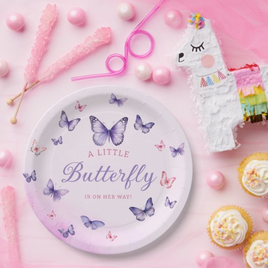 Boho paarse waterverf vlinder meisje Baby shower Papieren Bordje (Feest)