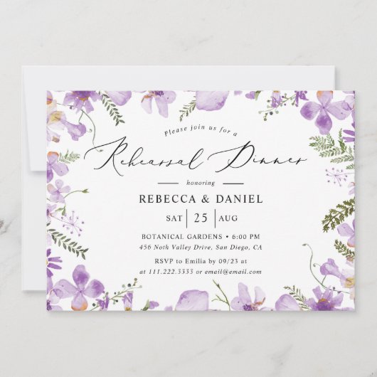 Boho Paarse Wildbloemen repetitie diner Kaart (Voorkant)