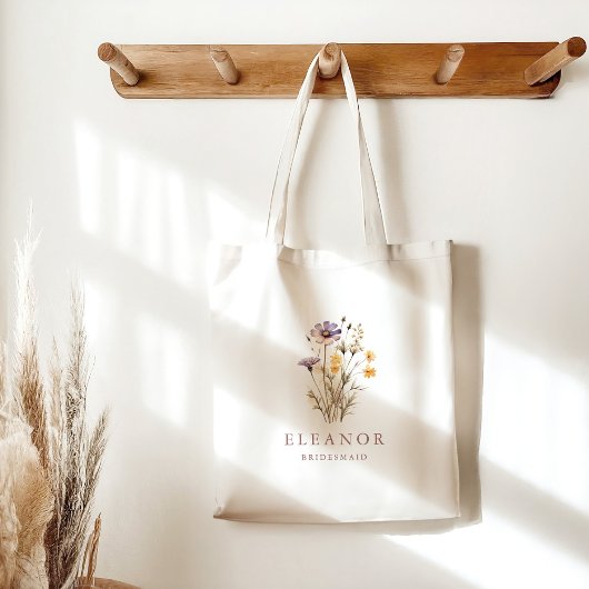 Boho Paarse Wilde Bloemen Bruidsmeisje Naam Custom Tote Bag