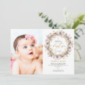 Boho Paarse wilde bloemen foto doop uitnodiging (Staand voorkant)