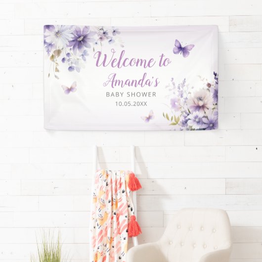 Boho Paarse Wildflower Vlinder Meisje Baby shower Spandoek (Insitu)