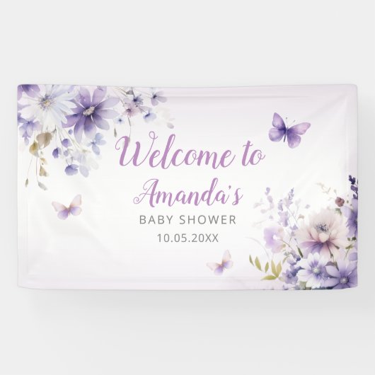 Boho Paarse Wildflower Vlinder Meisje Baby shower Spandoek (Horizontaal)