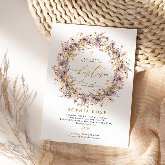 Boho Paarse Wildflowers Doopuitnodiging Kaart