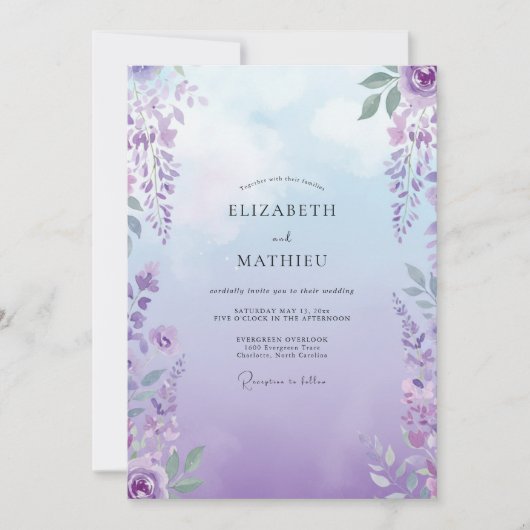 Boho Paarse Wisteria Bruiloft Kaart (Voorkant)