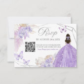 Boho Paarse zilveren bloemvlinder Quinceañera QR RSVP Kaartje (Voorkant)
