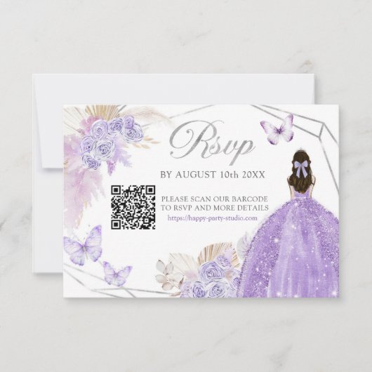 Boho Paarse zilveren bloemvlinder Quinceañera QR RSVP Kaartje (Voorkant)