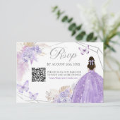 Boho Paarse zilveren bloemvlinder Quinceañera QR RSVP Kaartje (Staand voorkant)