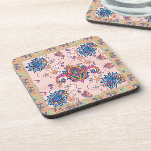 Boho paisley and elephant pattern_lmandala artwork bier onderzetter (Linkerzijde)