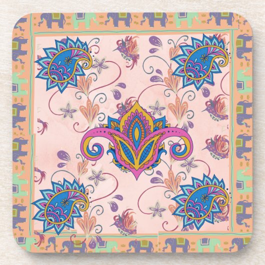 Boho paisley and elephant pattern_lmandala artwork bier onderzetter (Voorkant)
