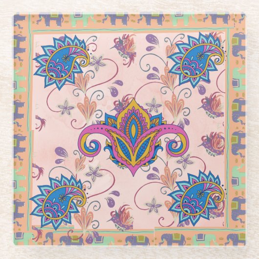 Boho paisley and elephant pattern_lmandala artwork glazen onderzetter (Voorkant)
