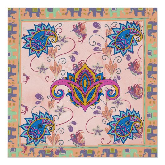 Boho paisley and elephant pattern_lmandala artwork perfect poster (Voorkant)