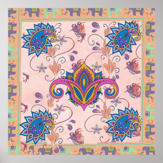 Boho paisley and elephant pattern_lmandala artwork poster (Voorkant)