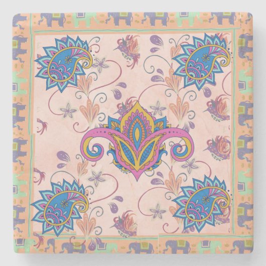Boho paisley and elephant pattern_lmandala artwork stenen onderzetter (Voorkant)