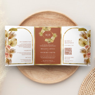 Boho Palm Aardse Bloemige Terracotta QR Code Trouw Drieluik Uitnodiging