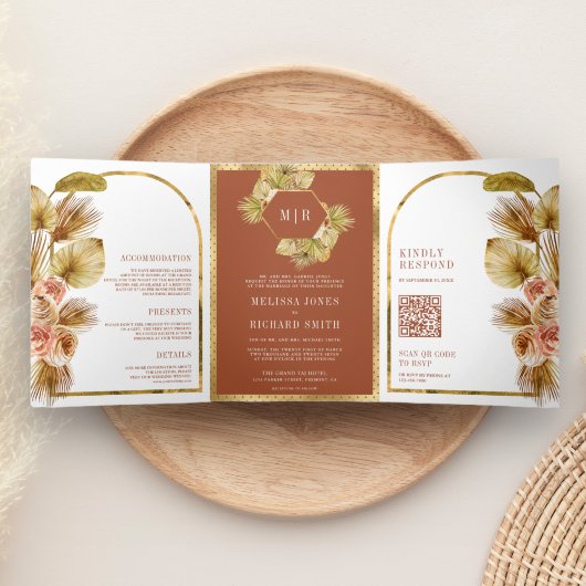 Boho Palm Aardse Bloemige Terracotta QR Code Trouw Drieluik Uitnodiging
