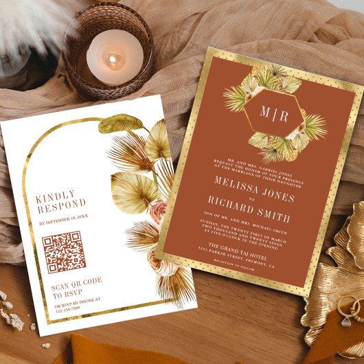 Boho Palm Aardse Bloemige Terracotta QR Code Trouw Kaart