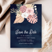 Boho Palm Dusty Pink Roses Navy Blue Wedding Save The Date