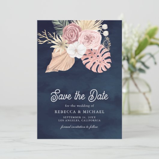 Boho Palm Dusty Pink Roses Navy Blue Wedding Save The Date (Staand voorkant)
