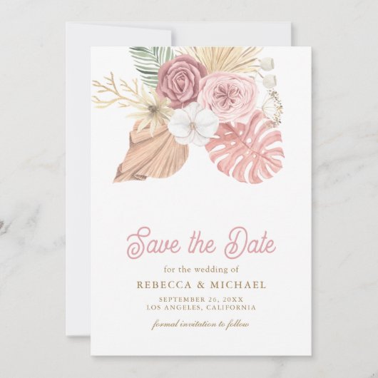 Boho Palm Dusty Pink Roses Wedding Save The Date (Voorkant)