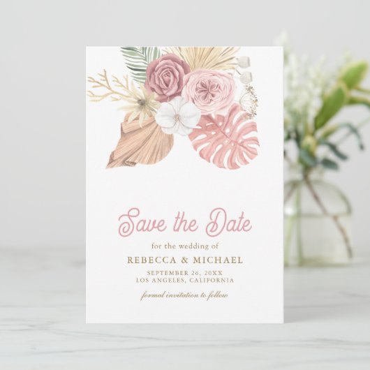 Boho Palm Dusty Pink Roses Wedding Save The Date (Staand voorkant)