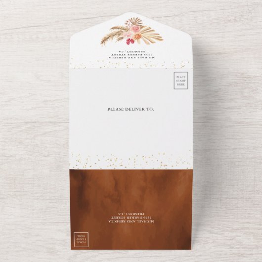 Boho Palm Earthy Floral Pampas Terracotta Wedding All In One Uitnodiging