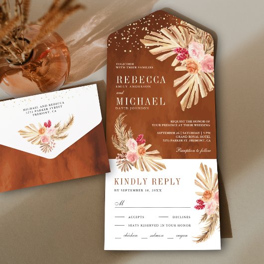 Boho Palm Earthy Floral Pampas Terracotta Wedding All In One Uitnodiging