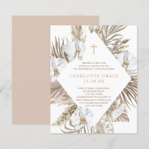 Boho Palm Floral Girl Baptism Pink Tan Uitnodiging